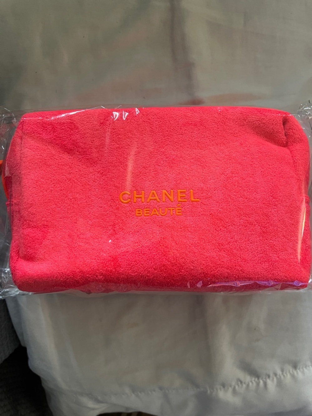 GIFT WITH PURCHASE -CHANEL Bright Pink Terry Cosmetic Pouch with Gold Logo